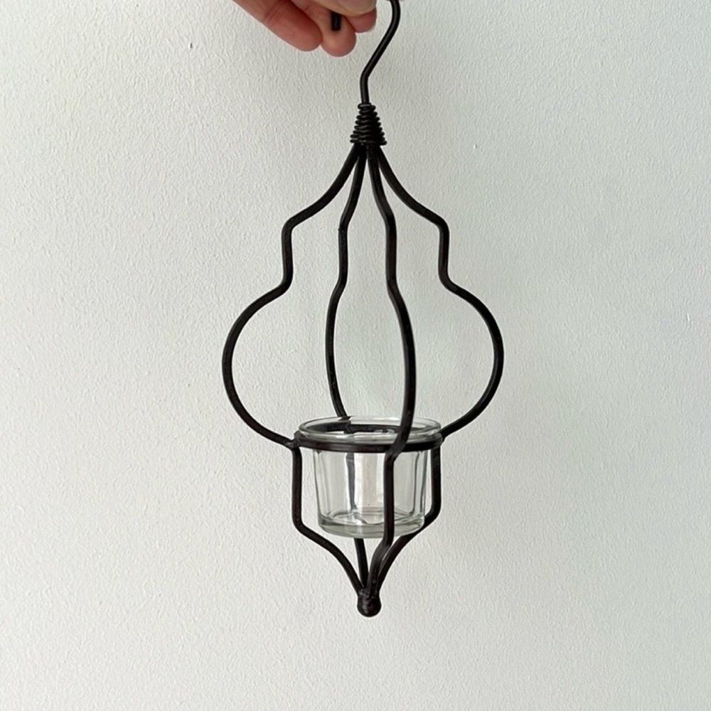 Vintage Black Iron Hanging Candle Holder with Glass Votive